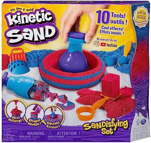 The Sandisfying Set arrives with two pounds of sand in two colors and ten plastic tools.