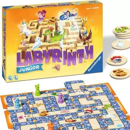 Box, board, and treasure tokens together show the full spatial-reasoning puzzle children navigate.