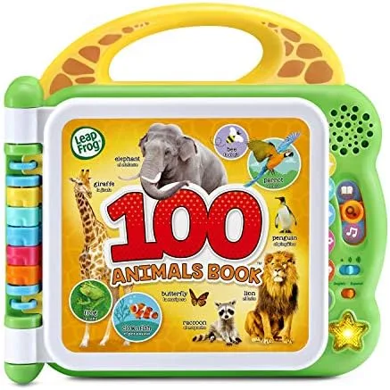 The book's giraffe handle and chunky page tabs designed for toddler grips.