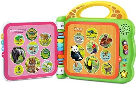 Interior spreads group animals by habitat with touch-sensitive labels throughout.