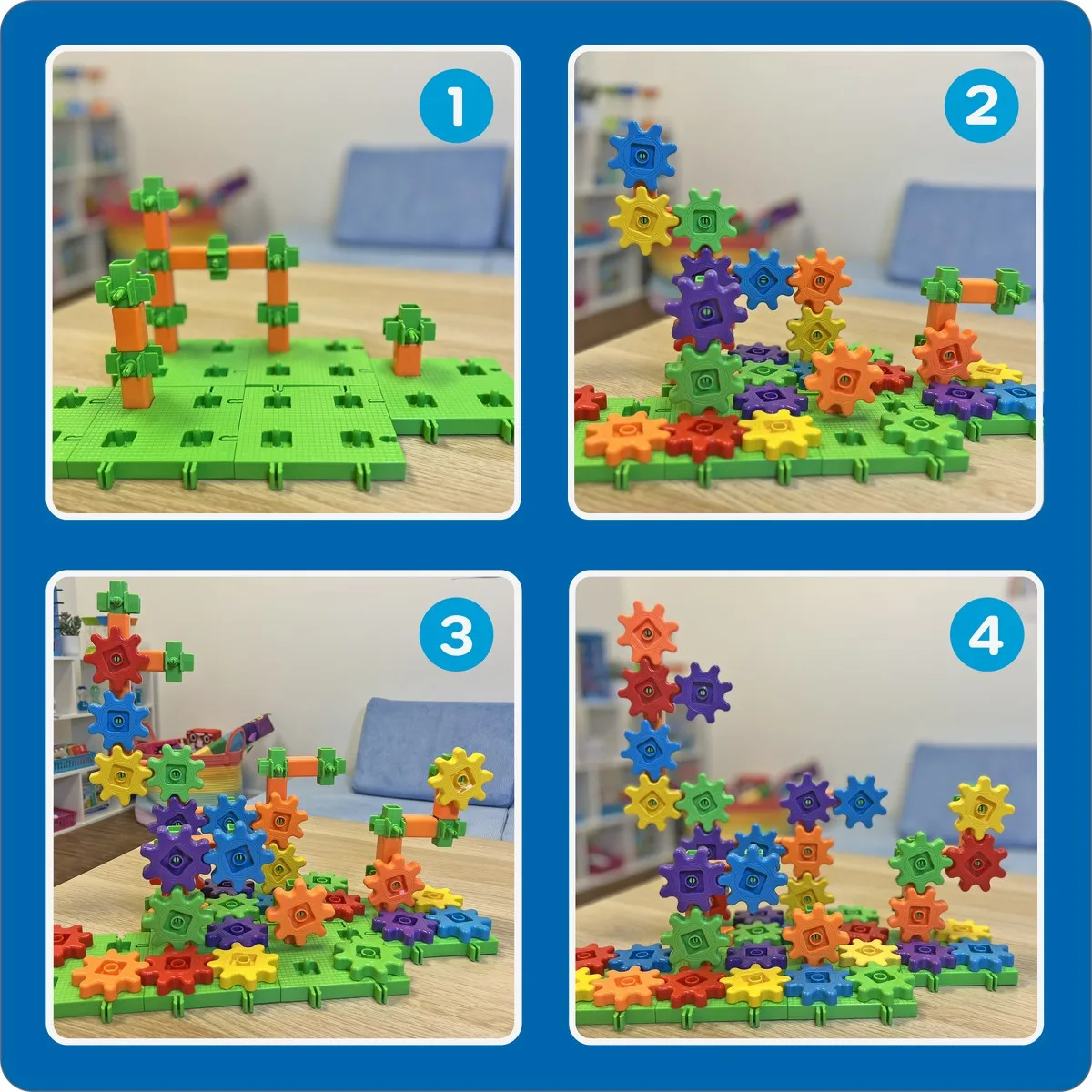 A four-panel sequence shows simple base structures escalating into complex interlocking gear creatio