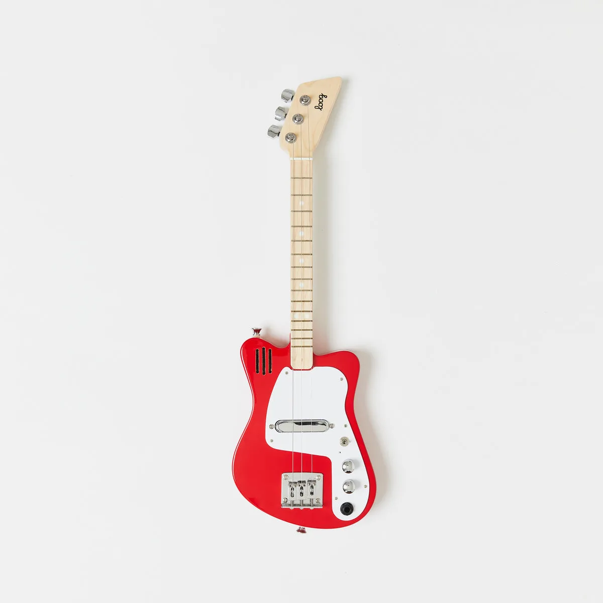 The Mini's full silhouette: three real strings, a maple neck, and a body sized for small hands.