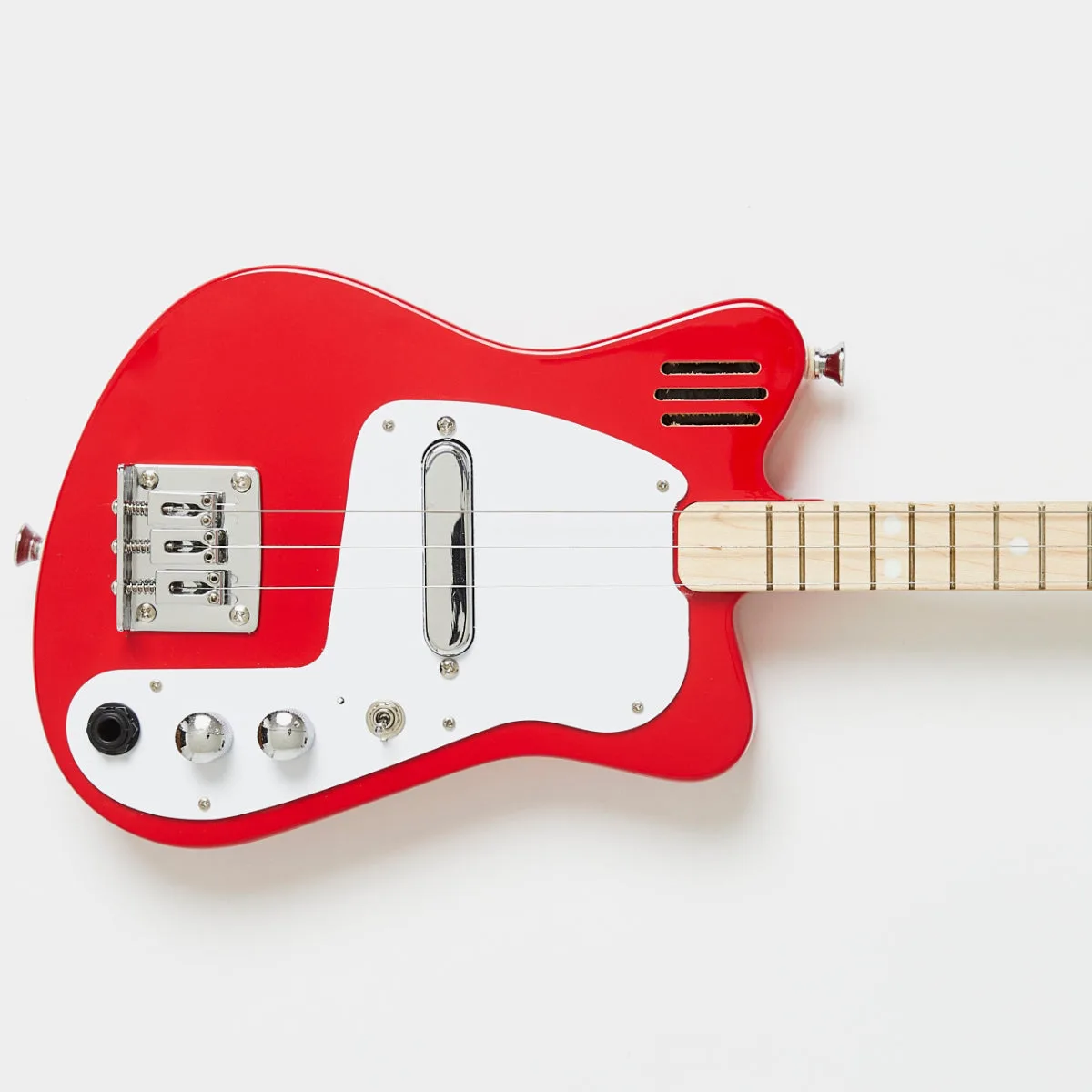 A close look at the body shows the real bridge, pickup, and volume controls borrowed from adult inst