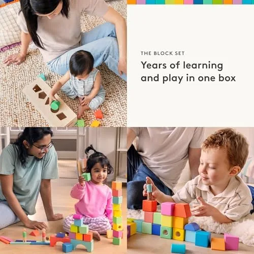Three vignettes of staged play across toddler ages, the developmental arc Lovevery designs against.