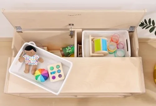 The hinged storage compartment — the feature that distinguishes the Playshelf from a plain birch boo