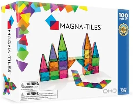 The 100-piece set as it ships — the clear, classic-color tiles that define the line.