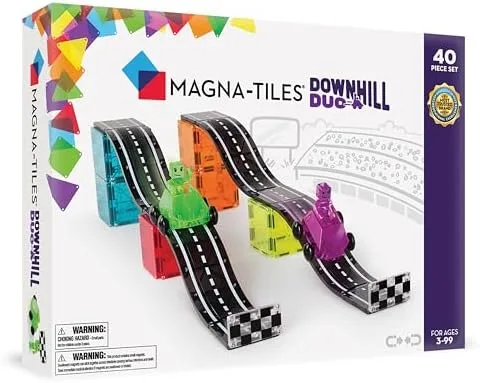 The Downhill Duo retail set: 40 pieces with magnetic tiles, ramps, and two cars.
