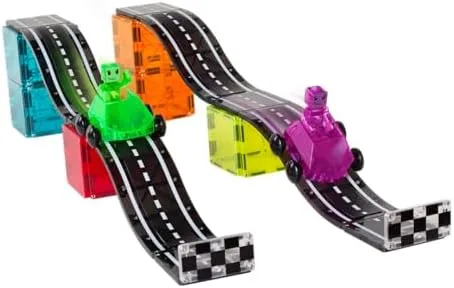 Twin ramp configuration shows how the magnetic road tiles snap onto stacked supports.