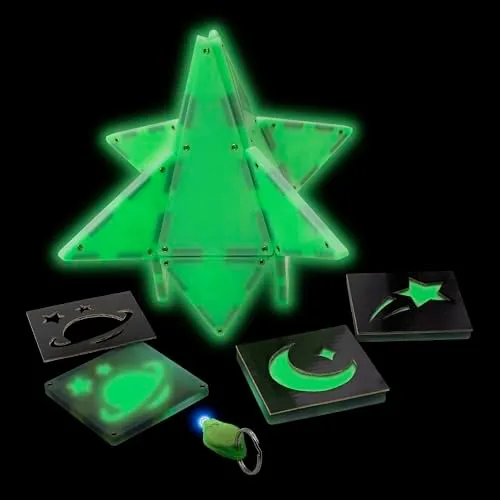 Included stencils let children project shapes through the glowing tiles, extending play beyond pure 