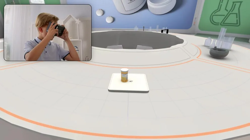 The VR module places the chemistry bench inside a headset, no spills required.