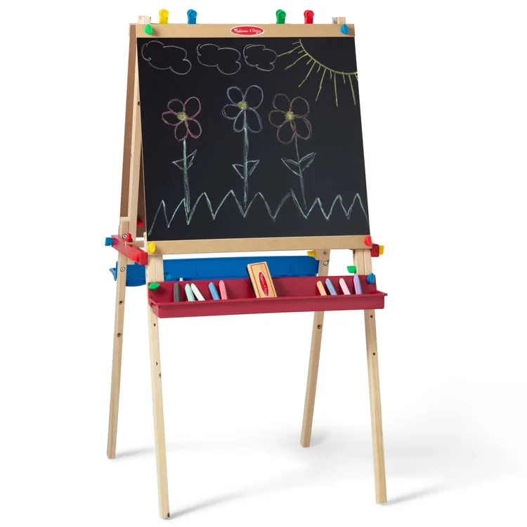 The easel in studio view: chalkboard on one side, dry-erase on the other, paper roll across the top.