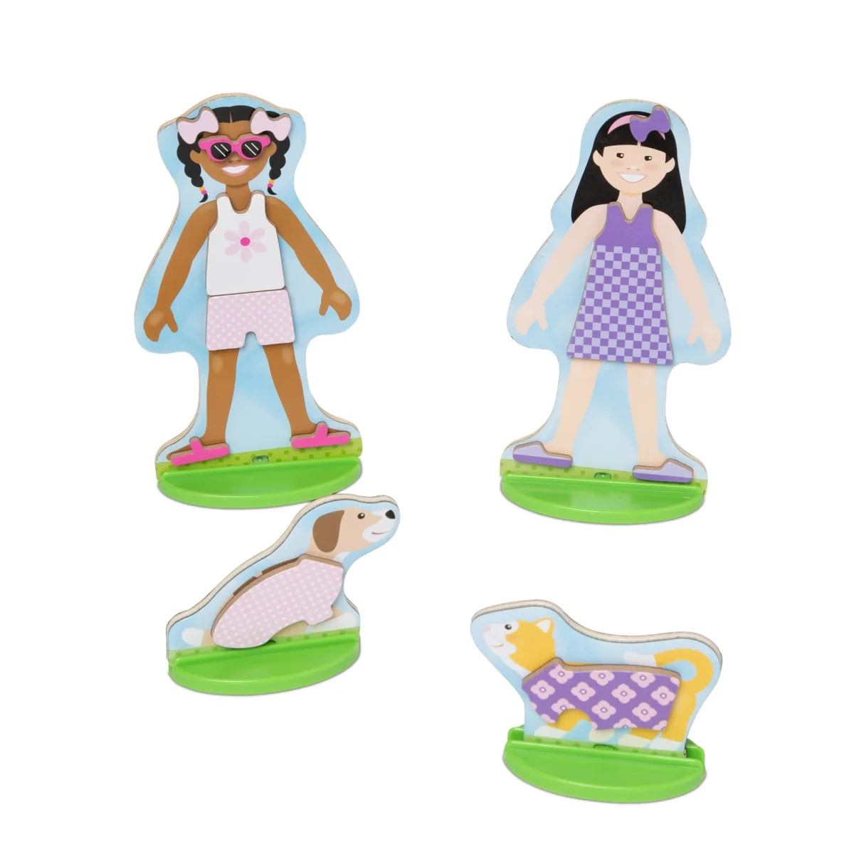 Two figures and two pets dressed and standing — the open-ended outcome of a single play session.
