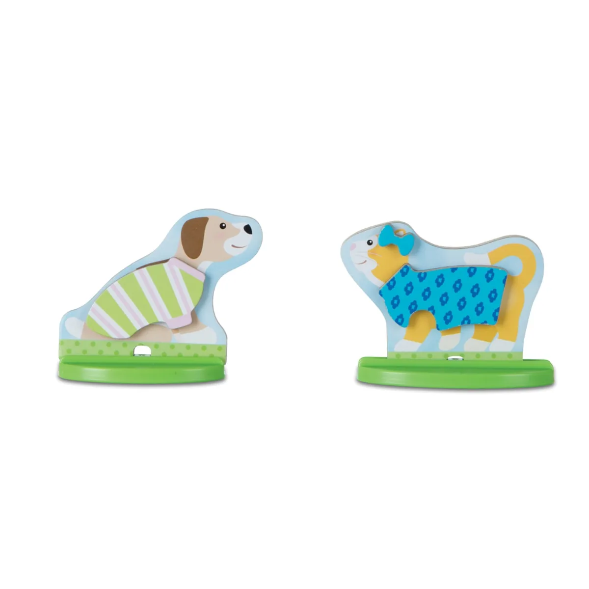 The pet pieces close up: dressing the dog and cat extends pretend play beyond human figures alone.
