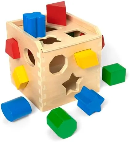 The classic wooden cube with twelve geometric pieces ready for sorting.