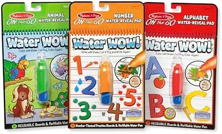 The three-pad On the Go set: Animals, Numbers, and Alphabet, each with refillable water pen.