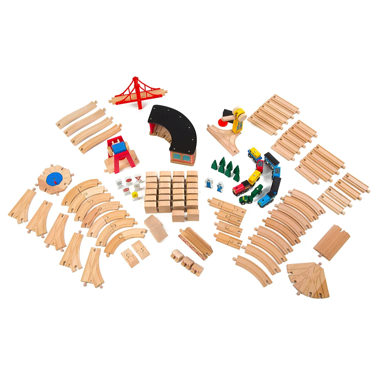 Every piece accounted for: tracks, bridge, crane, roundhouse, signage, trees, and rolling stock.
