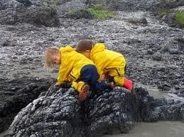 Two children climb wet tide-pool rocks, fully committed to exploration parents usually veto.