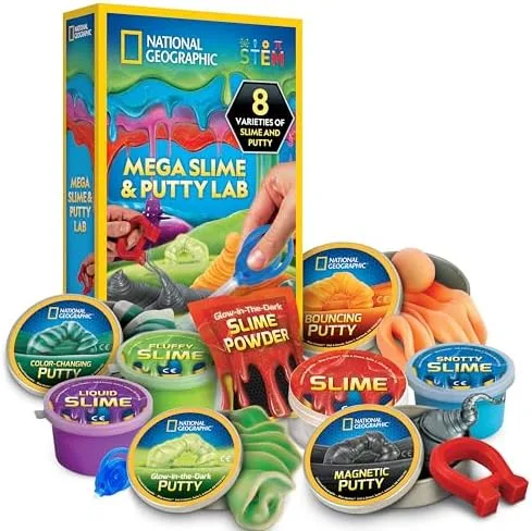 Box, eight tubs, and slime powder — the full $30 'Mega' offering laid out in classic Nat Geo yellow.