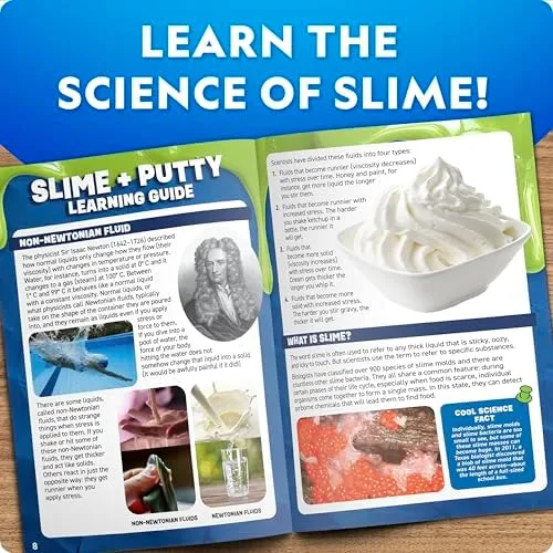 The included learning guide — non-Newtonian fluids, Newton, and a slime-themed primer that earns the