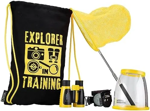 The full kit lays out as advertised: drawstring bag, binoculars, butterfly net, and clear-walled bug