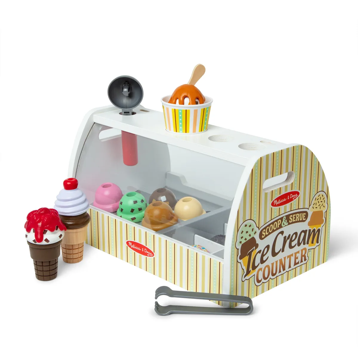 The full 28-piece set: scoop, tongs, cones, swirls, and ten interchangeable scoops in a wooden displ