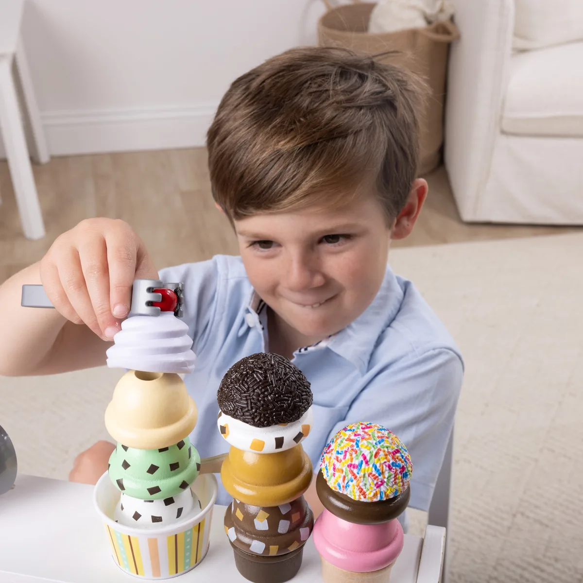 A close look at the stackable scoops, which double as a fine-motor and balance challenge.
