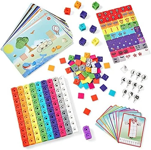 The full component set: linking cubes, character cards, activity guides, and number toppers laid out