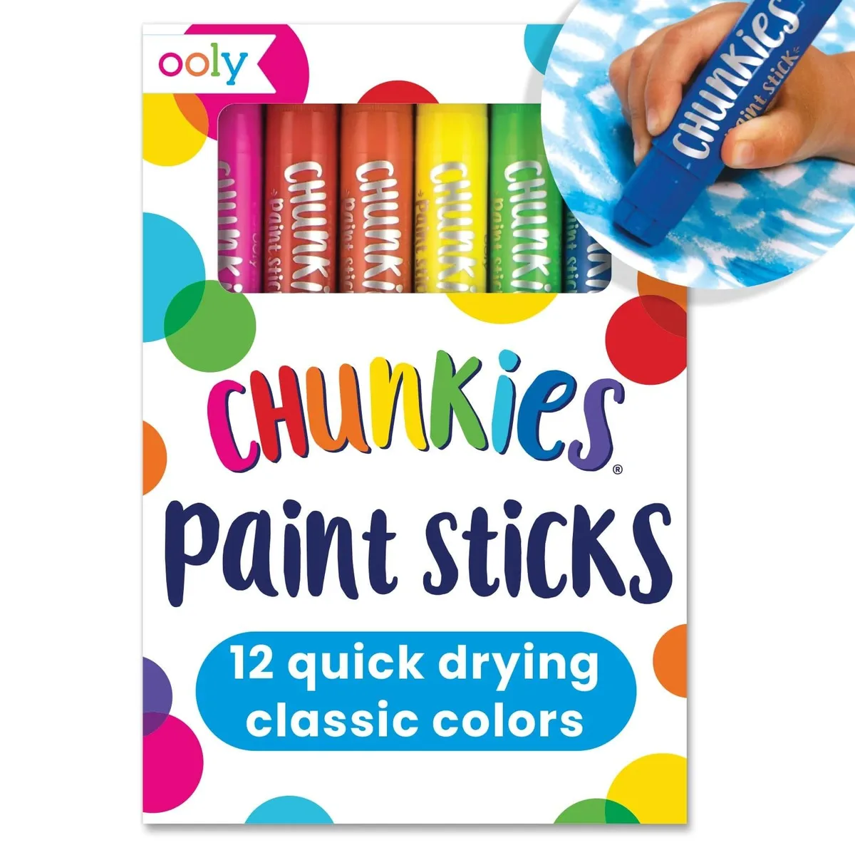 The retail packaging for Chunkies Paint Sticks — Ooly's bestselling thick-barrel paint sticks.