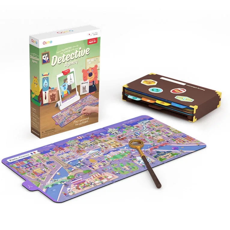 The full kit: physical map mat, magnifying glass wand, casebooks, and the iPad-paired character box.