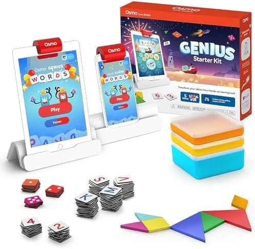 The full Genius Starter Kit: base, reflector, tangram tiles, number cubes, and letter tiles.