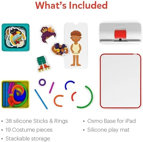 What is in the box: 38 silicone sticks and rings, 19 costume pieces, the base, and a silicone play m