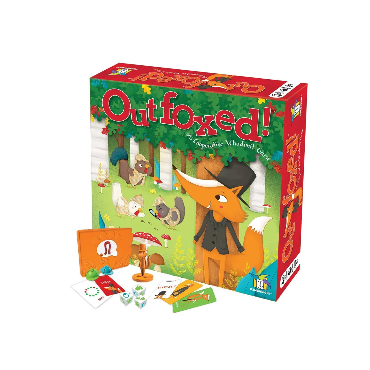 Box and component spread: dice, suspect cards, clue decoder, and the wooden thief pawn.
