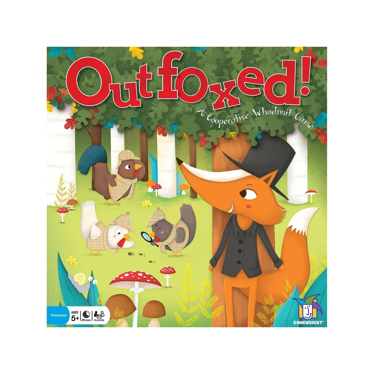 The cover art: a top-hatted fox watches three plaid-coated detectives examine paw-print evidence.