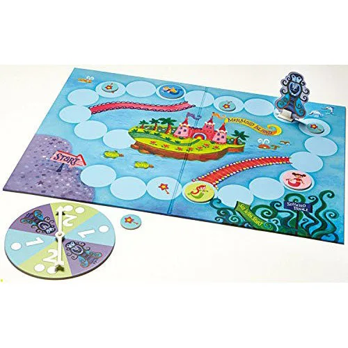The board mid-game: three mermaids racing the Sea Witch toward Mermaid Island.
