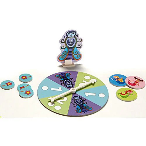 Spinner, mermaid tokens, and Sea Witch standee — the full mechanical vocabulary of a five-year-old's