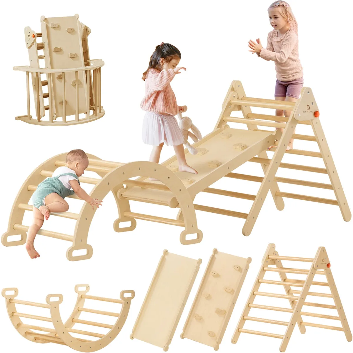 The seven-in-one set unfolds into climbing triangle, rocker arch, ramp, and rock-wall configurations