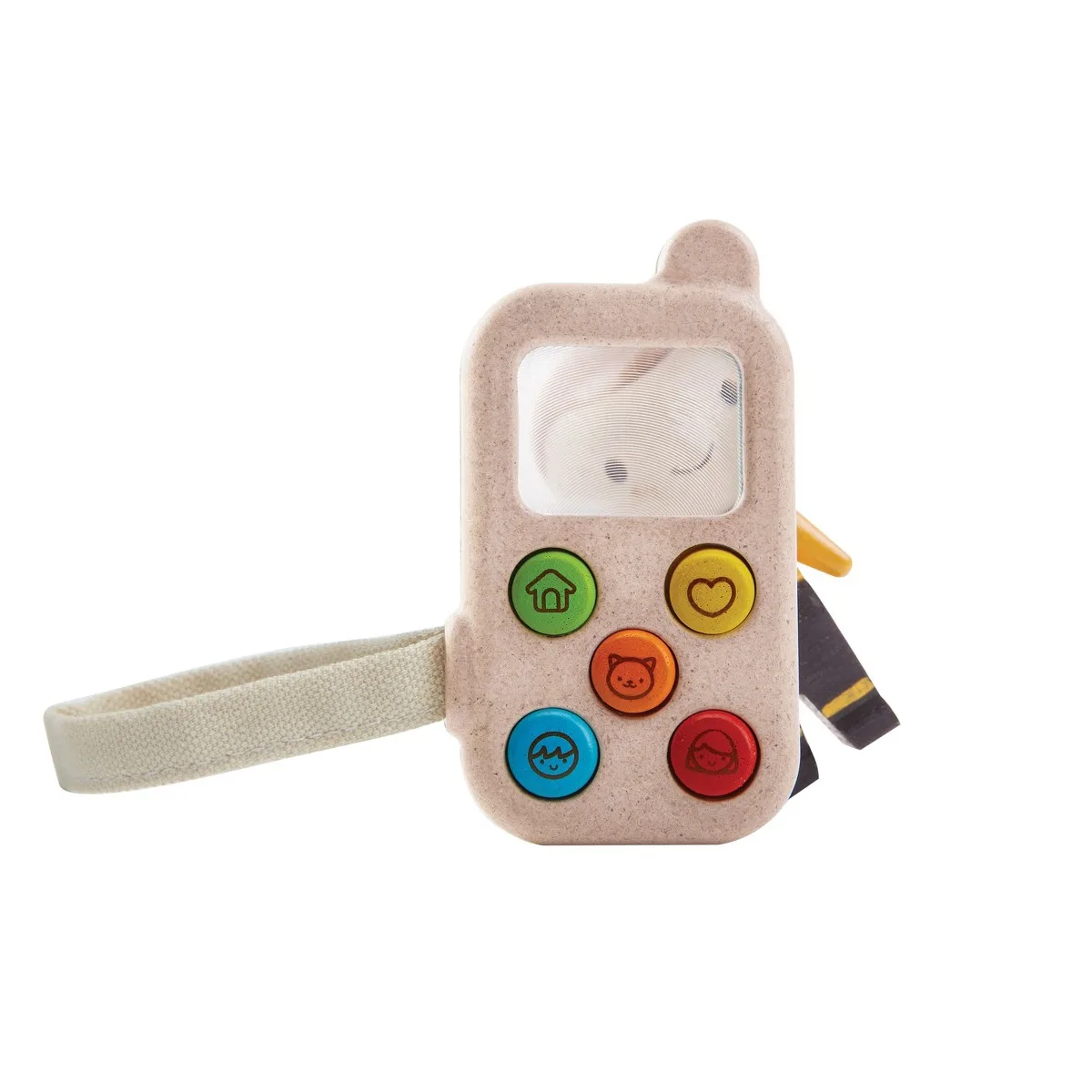 Five tactile buttons with hand-painted icons: home, heart, animal, child, and child face.