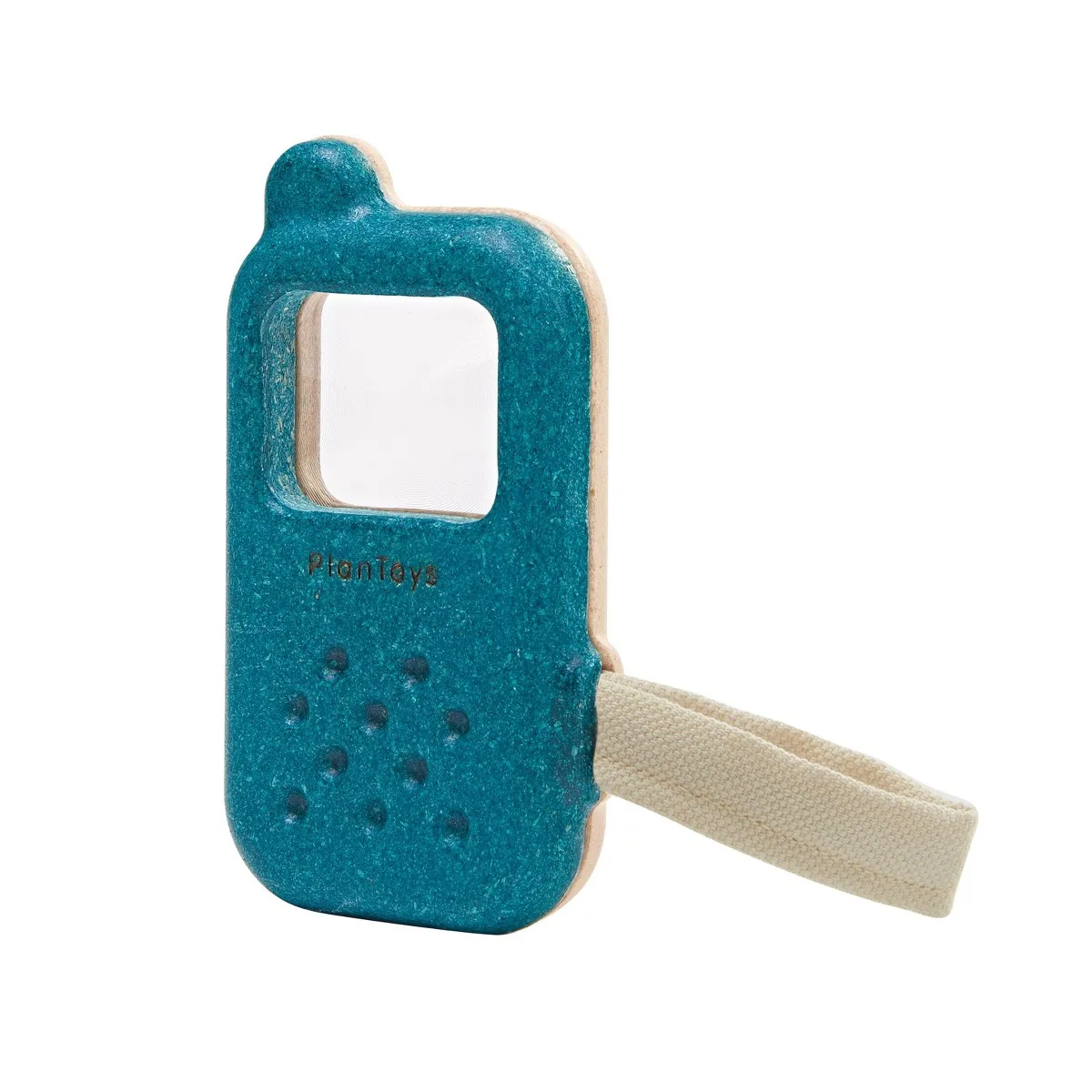 The teal colorway in profile, showing the carrying strap and PlanToys signature embossed on the back