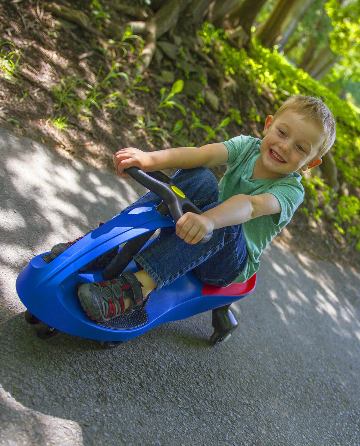 Older riders lean into turns, converting steering oscillation into surprising forward momentum.