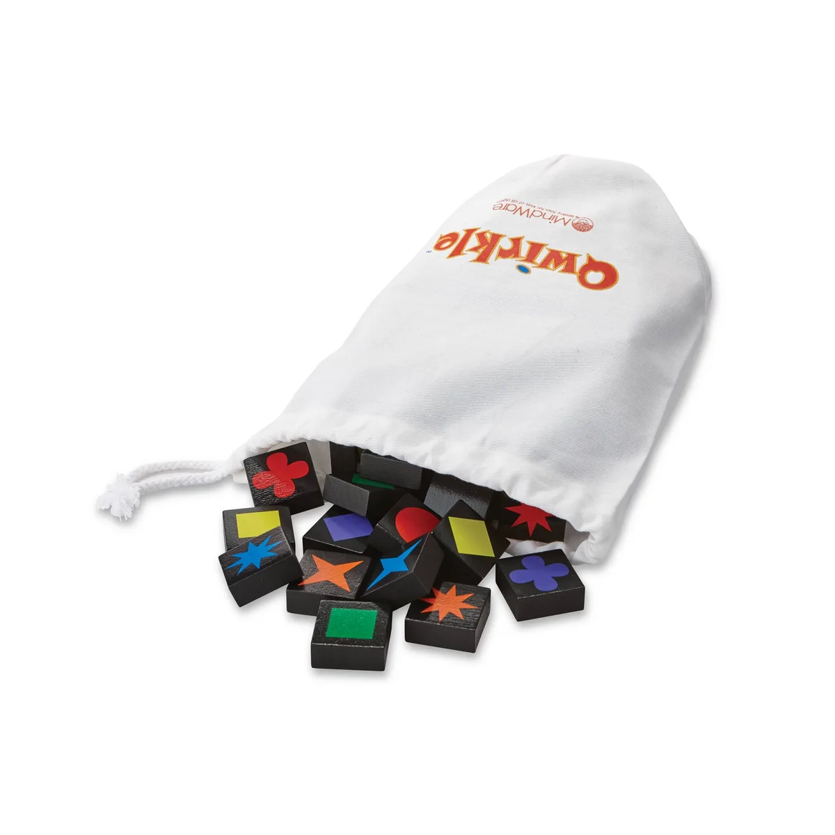 The drawstring bag of 108 wooden tiles, the heart of every Qwirkle setup.