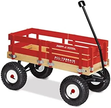 Standard product view shows the steel body, wood stake sides, and pneumatic tires.