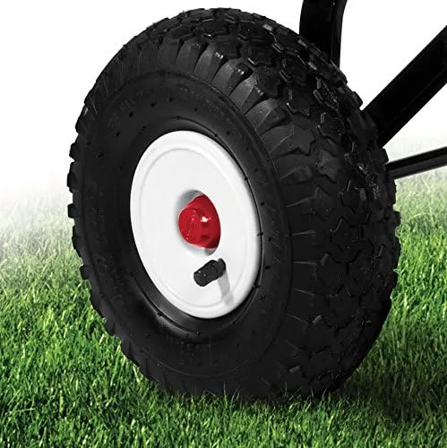Detail of the air-filled tire built for grass, gravel, and uneven sidewalks.