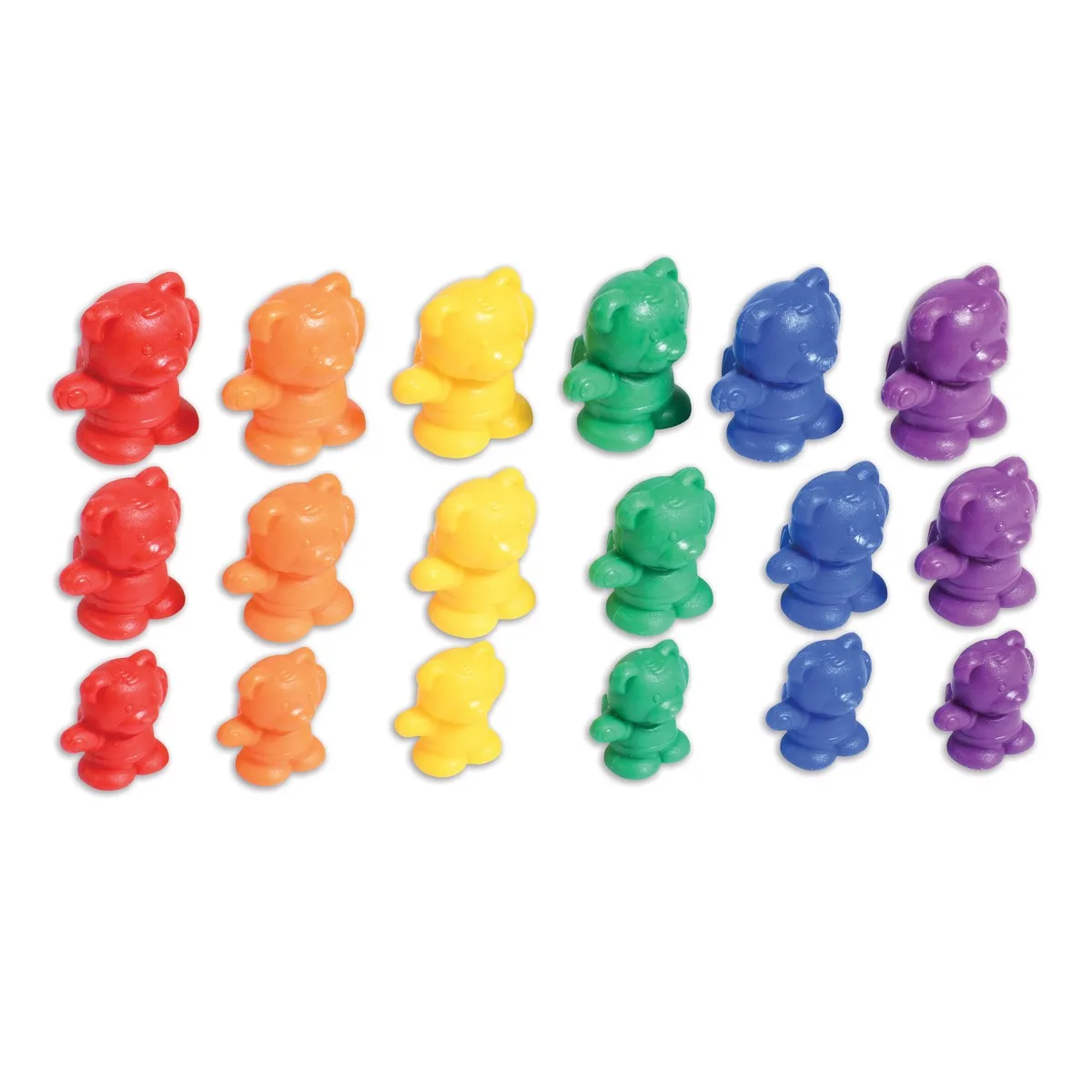 Six rainbow colors, three relative sizes — the dimensional vocabulary that makes these bears a count