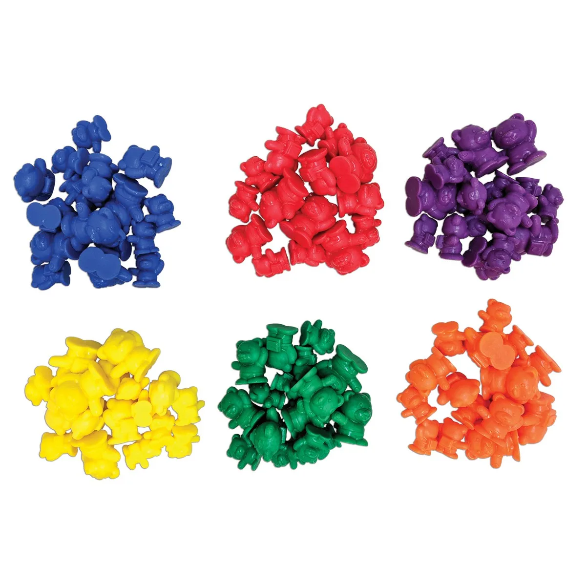 Color-sorted piles demonstrate the sorting task that Edx's bears support from age three onward.