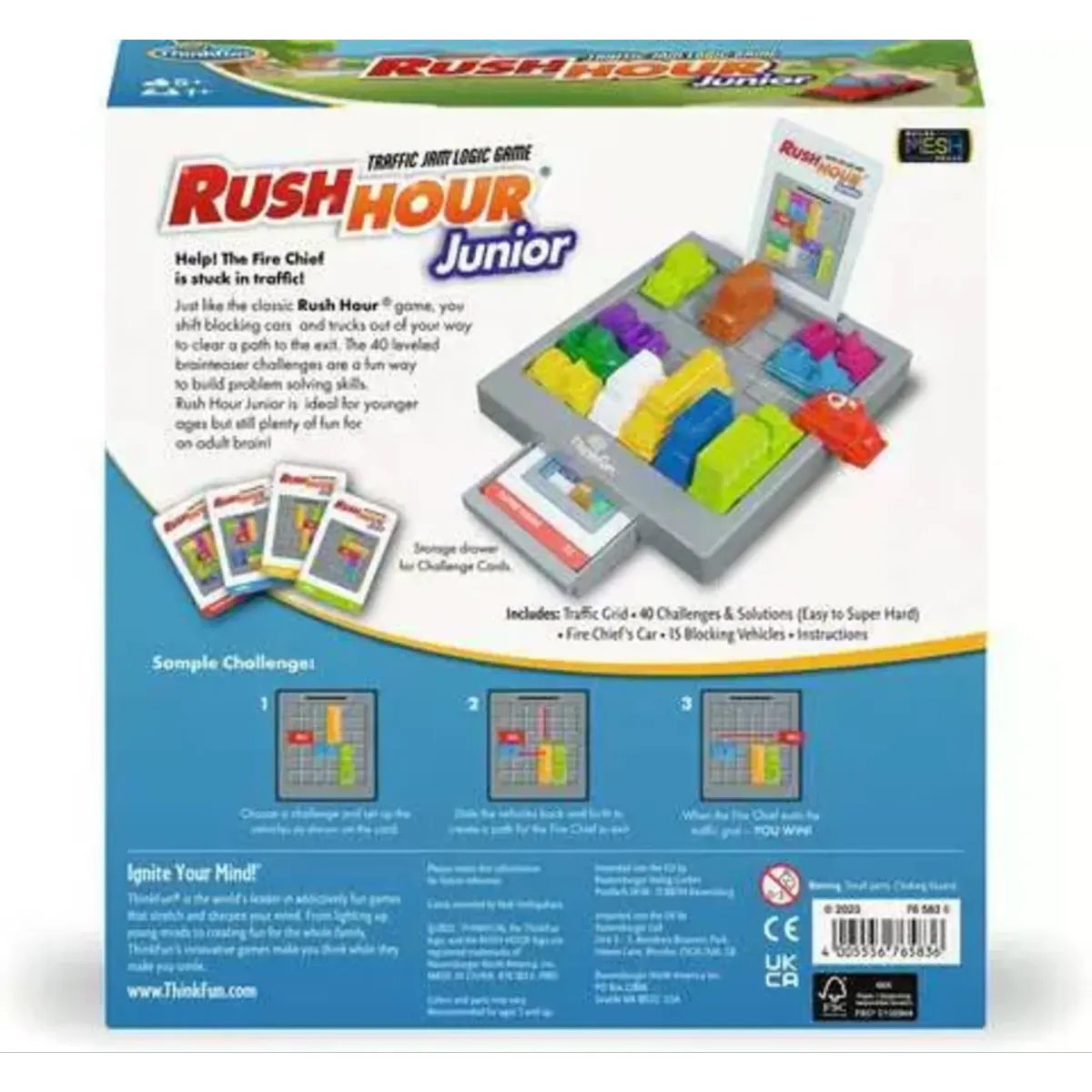 Back of box detailing the sample challenge sequence and storage drawer for cards.