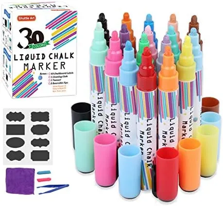 The 30-color Shuttle Art set with markers, chalkboard labels, cleaning cloth, and tweezers.