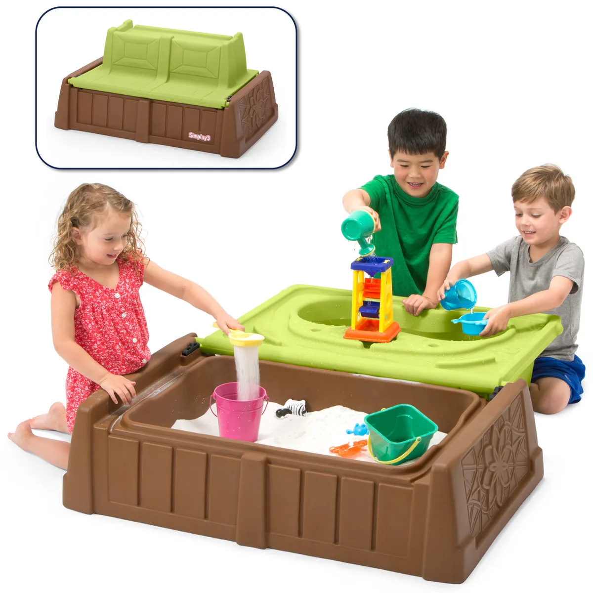 The Simplay3 table's twin basins keep sand and water cleanly separated during play.