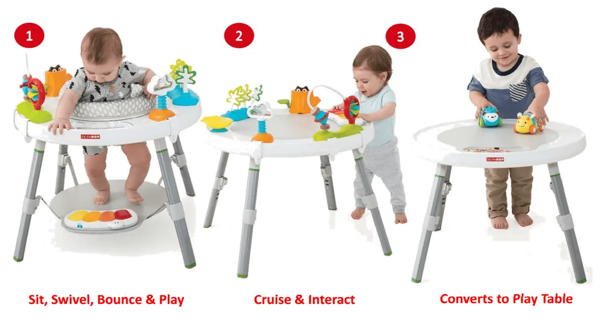 The Explore & More converts from activity center to cruising support to toddler play table.