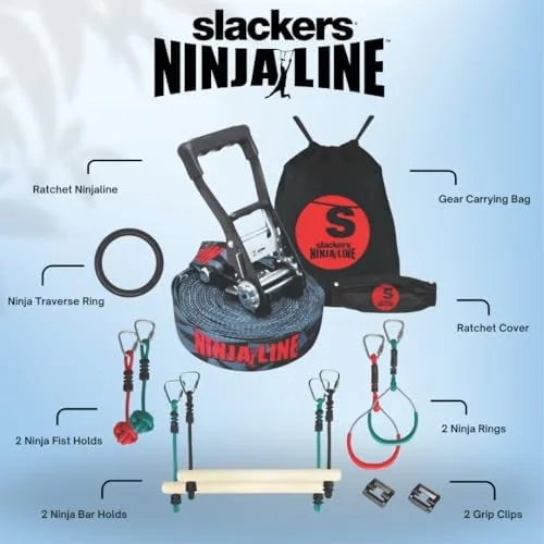 The full kit laid out: ratchet line, traverse ring, fist holds, bar holds, two rings, grip clips, an
