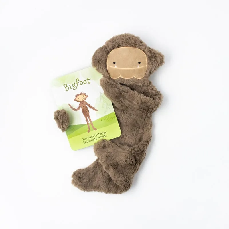 The Bigfoot snuggler arrives paired with its affirmation card and emotional vocabulary message.